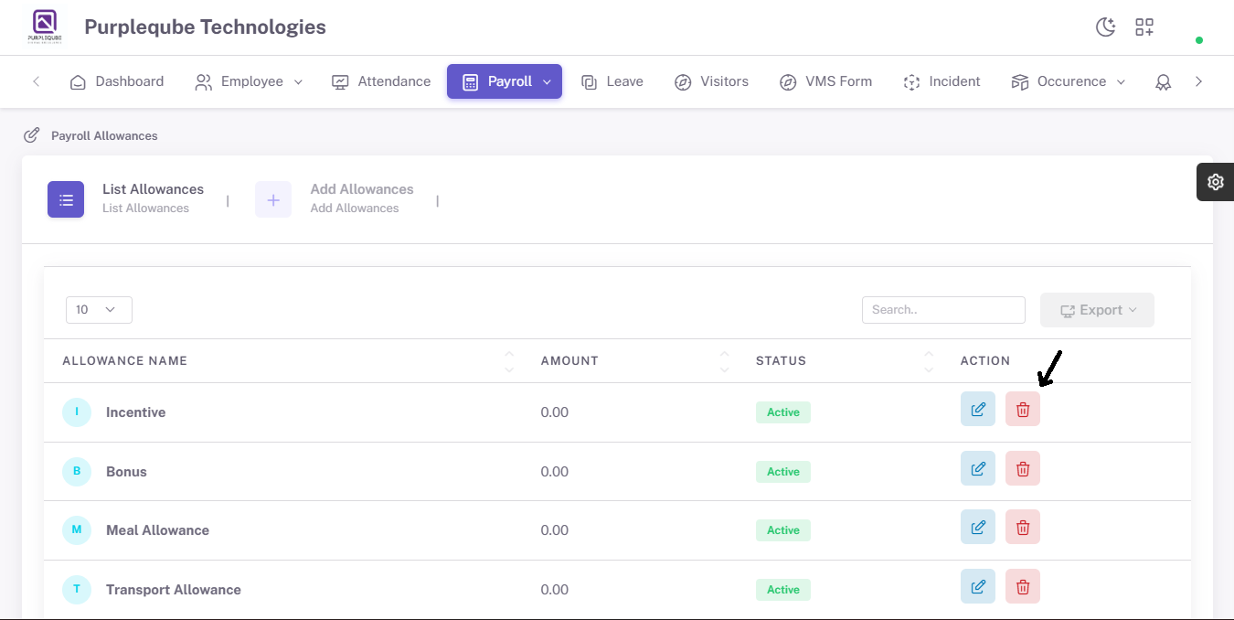 Payroll Allowances list with Delete action button highlighted in the Action column for the Incentive allowance